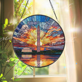 Washington DC Stained Glass Suncatcher, Round Monument Sunset Window Panel with Capitol and Lincoln Memorial, Patriotic Home Decor Gift